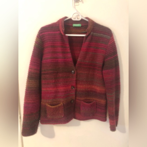 United Colors Of Benetton Sweaters - Benetton Y2k Chunky Ribbed Red Burgundy Wool Sweater button up cardigan size M